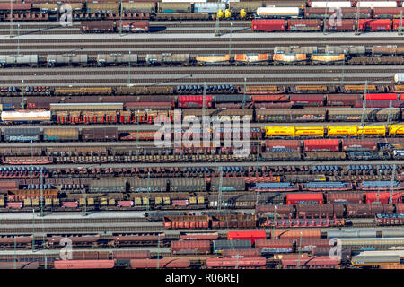 Aerial view, Hagen-Vorhalle marshalling yard, train wagons, freight trains, Hagen, Ruhr area, North Rhine-Westphalia, Germany, Europe, DEU, birds-eyes Stock Photo