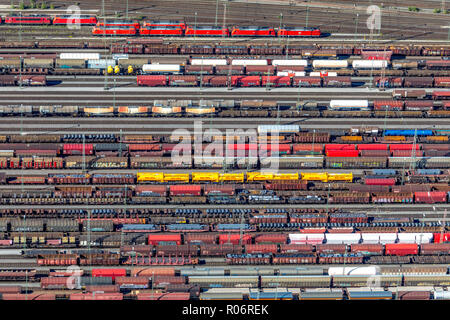 Aerial view, Hagen-Vorhalle marshalling yard, train wagons, freight trains, Hagen, Ruhr area, North Rhine-Westphalia, Germany, Europe, DEU, birds-eyes Stock Photo