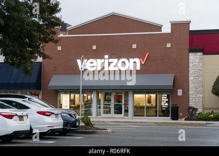 New York, USA - Circa 2018: Verizon wireless store front facade exterior view from parking lot in shopping center Stock Photo