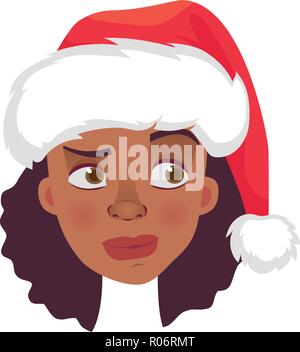 Face of African woman in christmas hat. Emotions of african american woman face. Facial expression vector illustration Stock Vector