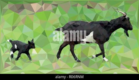 A black and white goat and a same kid graze on a green meadow. Low poly vector illustration. An image of animals consisting of triangles of different  Stock Vector