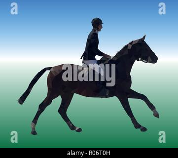The rider is galloping on a dark bay horse. Low poly vector illustration. Equestrian theme. Image consisting of triangles of different sizes. Stock Vector