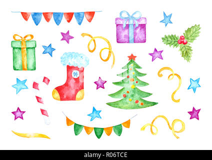 Set of Various Colorful Christmas Decorations. Watercolor Hand Drawn and Painted. Isolated on White Background Stock Photo