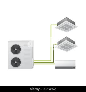 Air conditioning. Vector illustration. Multi split system. One outdoor and three indoor unit. Ceiling Cassette and wall mounted. Stock Vector