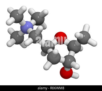 Muscarine mushroom toxin molecule. Agonist of the muscarinic acetylcholine receptors. 3D rendering. Atoms are represented as spheres with conventional Stock Photo