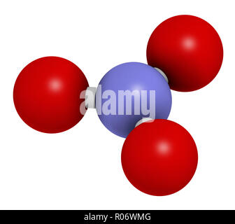 Nitrate anion, chemical structure. 3D rendering. Atoms are represented as spheres with conventional color coding: nitrogen (blue), oxygen (red). Stock Photo