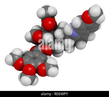 Reserpine alkaloid molecule. Isolated from Rauwolfia serpentina (Indian snakeroot). 3D rendering. Atoms are represented as spheres with conventional c Stock Photo