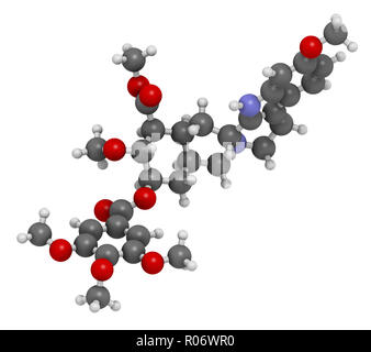 Reserpine alkaloid molecule. Isolated from Rauwolfia serpentina (Indian snakeroot). 3D rendering. Atoms are represented as spheres with conventional c Stock Photo