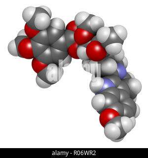 Reserpine alkaloid molecule. Isolated from Rauwolfia serpentina (Indian snakeroot). 3D rendering. Atoms are represented as spheres with conventional c Stock Photo