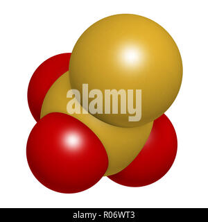 Thiosulfate anion, chemical structure. 3D rendering. Atoms are represented as spheres with conventional color coding: sulfur (yellow), oxygen (red). Stock Photo