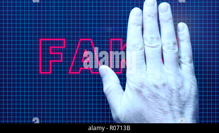 A businessman's hand erases the text: Fake Stock Photo