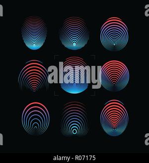 Set of fingerprint vector icon. Round digital finger print symbol. Security system logo template. Blue and red gradient forefinger color illustration on black background. Identity technology. Vectors. Stock Vector