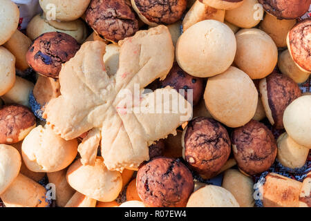 cookies maple leaf and forest mushrooms as background Stock Photo