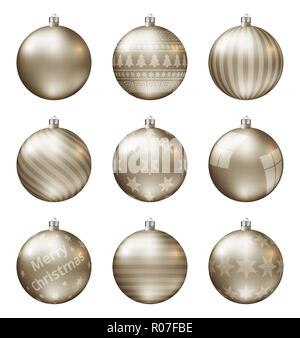 Pastel gold christmas balls isolated on white background. Photorealistic high quality vector set of christmas baubles. Stock Vector