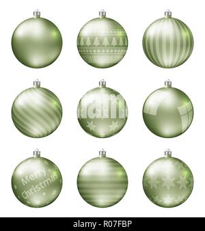 Pastel light green christmas balls isolated on white background. Photorealistic high quality vector set of christmas baubles. Stock Vector