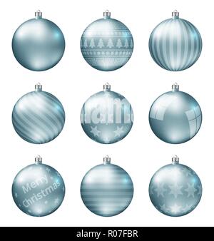 Pastel light blue christmas balls isolated on white background. Photorealistic high quality vector set of christmas baubles. Stock Vector