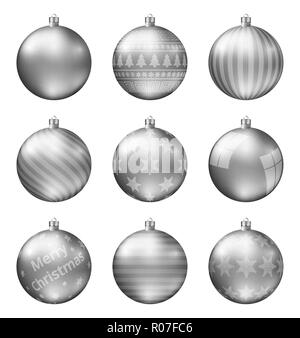 Pastel silver christmas balls isolated on white background. Photorealistic high quality vector set of christmas baubles. Stock Vector