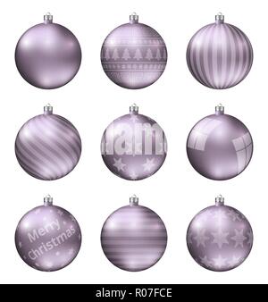 Pastel violet christmas balls isolated on white background. Photorealistic high quality vector set of christmas baubles. Stock Vector
