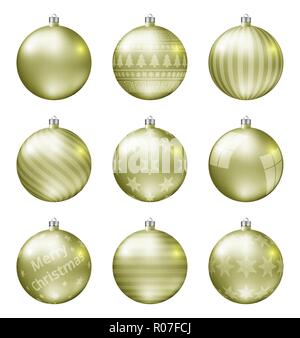 Pastel yellow christmas balls isolated on white background. Photorealistic high quality vector set of christmas baubles. Stock Vector