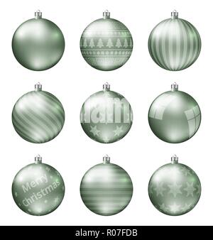 Pastel green christmas balls isolated on white background. Photorealistic high quality vector set of christmas baubles. Stock Vector