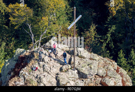 Aerial view, Bruchhauser stones, mountaineer with binoculars, summit cross on the hill Feldstein, Bruchhausen, recreation area, low mountain range, Ol Stock Photo