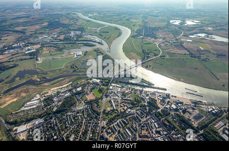 Aerial view, Lippedelta, new mouth, low tide, sandbanks, river, mouth in the Rhine, Fusternberg, Wesel, Ruhr area, Lower Rhine, North Rhine-Westphalia Stock Photo