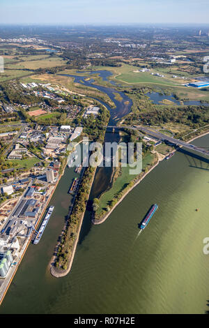 Aerial photograph, Lippedelta, DeltaPort, new mouth of the Lippe, Wesel harbor, Niederrhein harbor, low tide, sandbanks, river, mouth into the Rhine,  Stock Photo