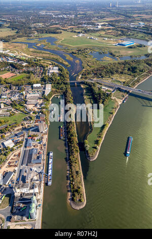 Aerial photograph, Lippedelta, DeltaPort, new mouth of the Lippe, Wesel harbor, Niederrhein harbor, low tide, sandbanks, river, mouth into the Rhine,  Stock Photo