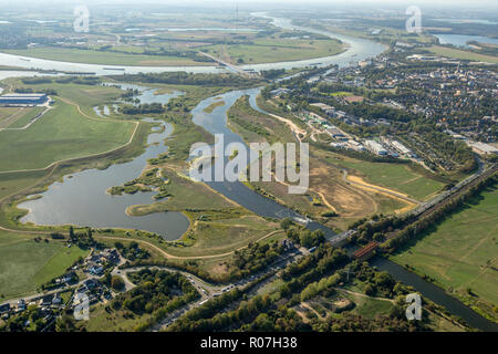 Aerial photograph, Lippedelta, DeltaPort, Wesel harbor, new mouth of the Lippe, low tide, sandbanks, river, mouth into the Rhine, Lippedorf, Wesel, Ru Stock Photo