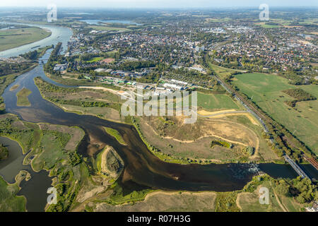 Aerial photograph, Lippedelta, DeltaPort, Wesel harbor, new mouth of the Lippe, low tide, sandbanks, river, mouth into the Rhine, Lippedorf, Wesel, Ru Stock Photo