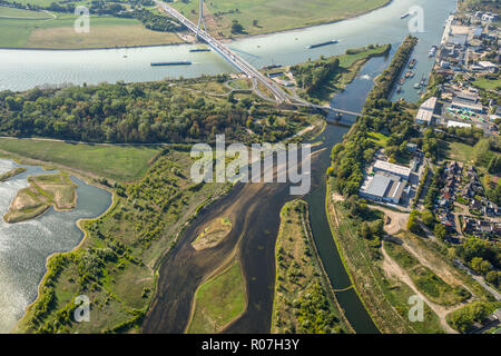 Aerial photograph, Lippedelta, DeltaPort, Wesel harbor, new mouth of the Lippe, low tide, sandbanks, river, mouth into the Rhine, Lippedorf, Wesel, Ru Stock Photo