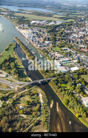 Aerial photograph, Lippedelta, DeltaPort, Wesel harbor, new mouth of the Lippe, low tide, sandbanks, river, mouth into the Rhine, Lippedorf, Wesel, Ru Stock Photo