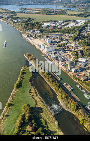 Aerial photograph, Lippedelta, DeltaPort, Wesel harbor, new mouth of the Lippe, low tide, sandbanks, river, mouth into the Rhine, Lippedorf, Wesel, Ru Stock Photo