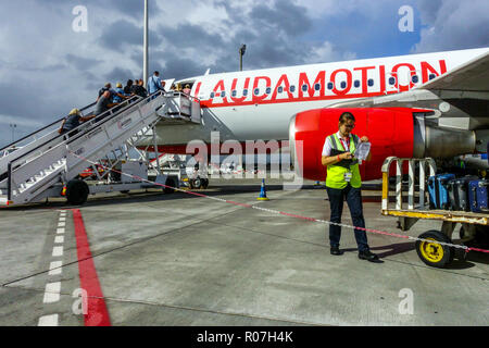 Passengers boarding to the plane Airbus A320 Lauda motion, Palma de Mallorca, Spain Mobile Steps Stairway Stock Photo