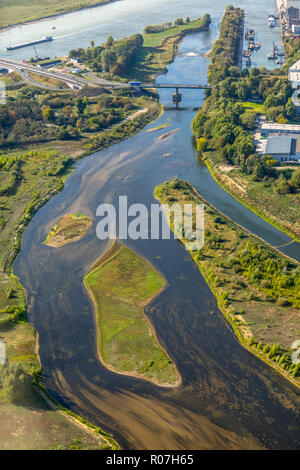 Aerial photograph, Lippedelta, DeltaPort, Wesel harbor, new mouth of the Lippe, low tide, sandbanks, river, mouth into the Rhine, Lippedorf, Wesel, Ru Stock Photo