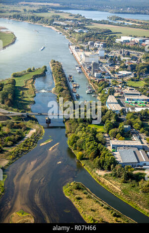 Aerial photograph, Lippedelta, DeltaPort, Wesel harbor, new mouth of the Lippe, low tide, sandbanks, river, mouth into the Rhine, Lippedorf, Wesel, Ru Stock Photo