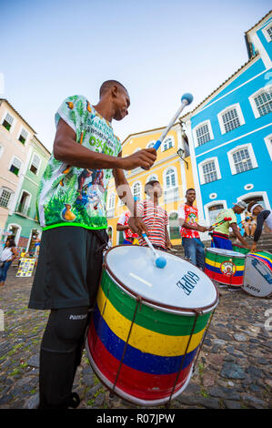 SALVADOR, BRAZIL - CIRCA FEBRUARY, 2018: A troupe of young Brazilian drummers pass through the historic neighborhood of Pelourinho Stock Photo