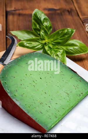 Cheese collection, piece of Dutch green pesto hard cheese with fresh basil close up Stock Photo