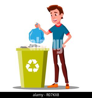 Young Guy Throwing Trash Bags Into Container Vector. Isolated Illustration Stock Vector