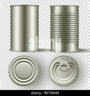 Realistic 3d tin can mock up set. Top and side view Stock Vector