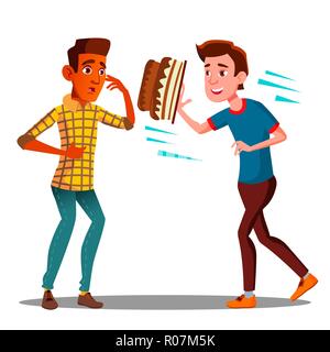 Young Guy Throwing A Cake In The Face Of A Friend For Joke Vector. Isolated Illustration Stock Vector
