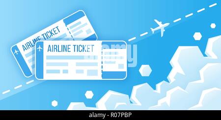 Airline boarding pass tickets. Concept of travel, journey or business. Airplane is flying in the sky. Vector illustration Stock Vector