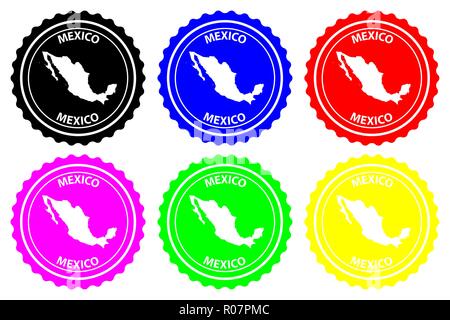 Mexico - rubber stamp - vector, Mexico continent map pattern - sticker - black, blue, green, yellow, purple and red Stock Vector