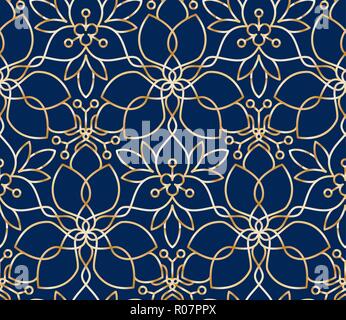 Seamless linear golden flower pattern on blue background Stock Vector