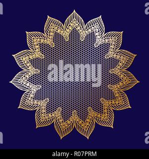 Vintage golden lacy frame on blue background, doily. Stock Vector