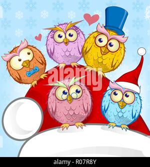 Greeting Christmas card Five Owls on  blue background Stock Vector