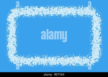 Bubbles abstract frame on blue background. Texture of foam border. Editable template. Vector illustration, eps 10. Stock Vector