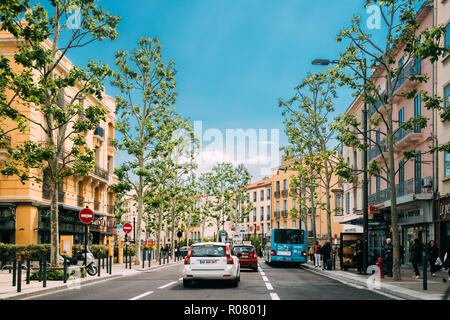 Perpignan, France - May 16, 2018: Traffic Near Bus Stop On Place Jean Payra In Sunny Spring Day Stock Photo