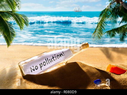 Message in a bottle with the message No pollution on a beautiful tropical beach Stock Photo