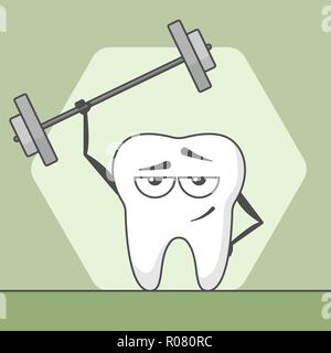 Strong cartoon tooth is in the fitness lifting weight single-handed. Stock Vector